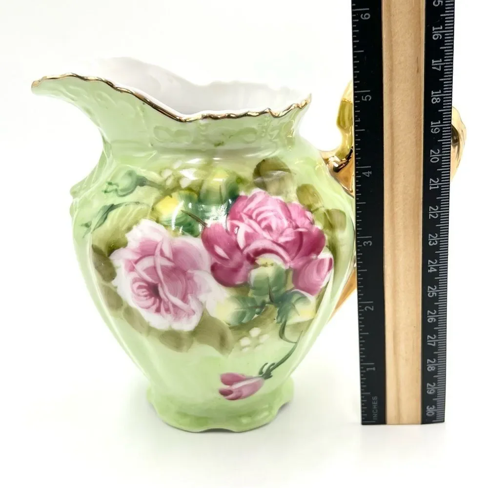 Vintage Lefton Green Heritage Roses Gold Trim Small Pitcher 4172‎ Hand Painted